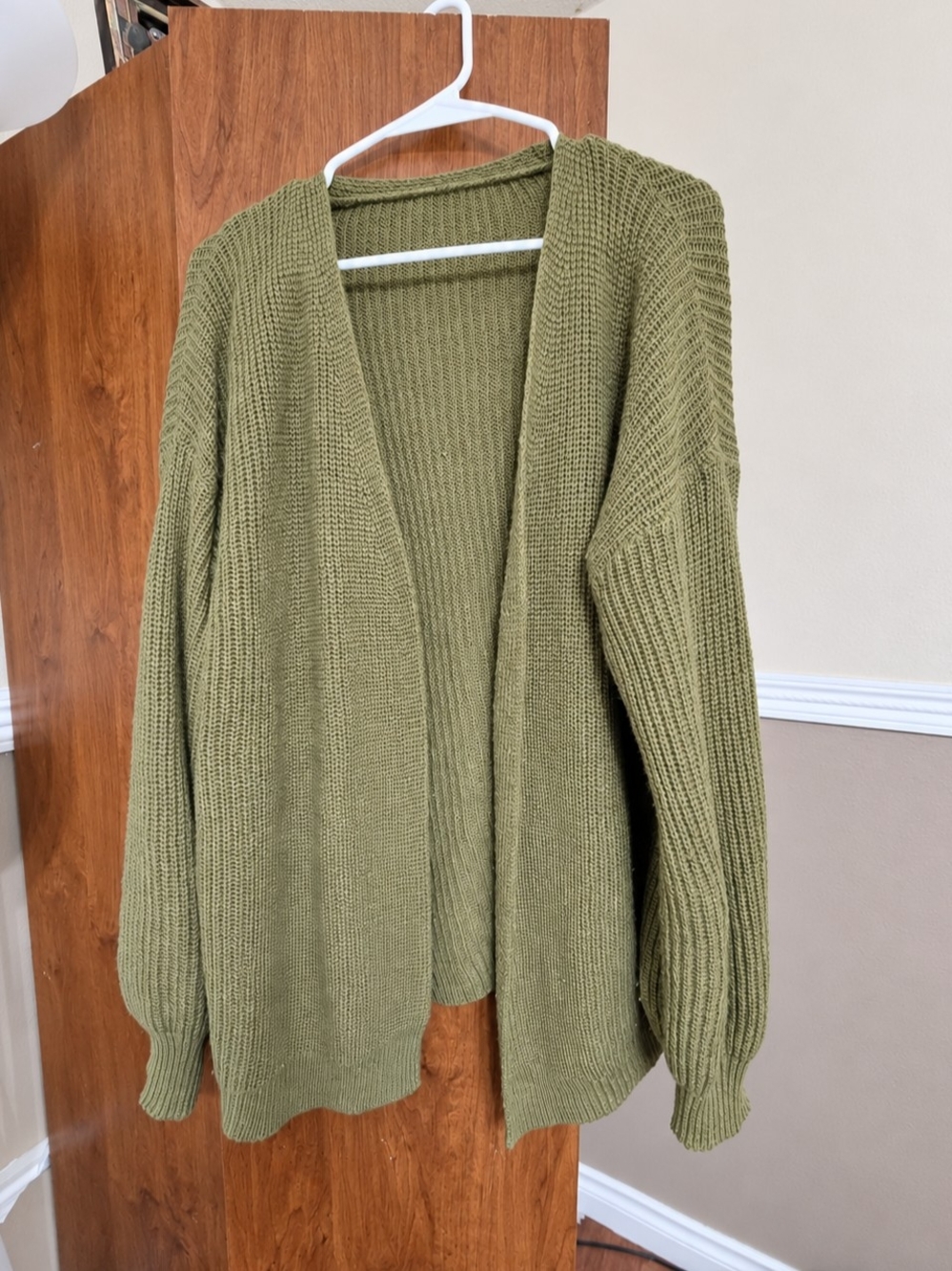 Relaxed Olive Green Open-Front Knit Cardigan